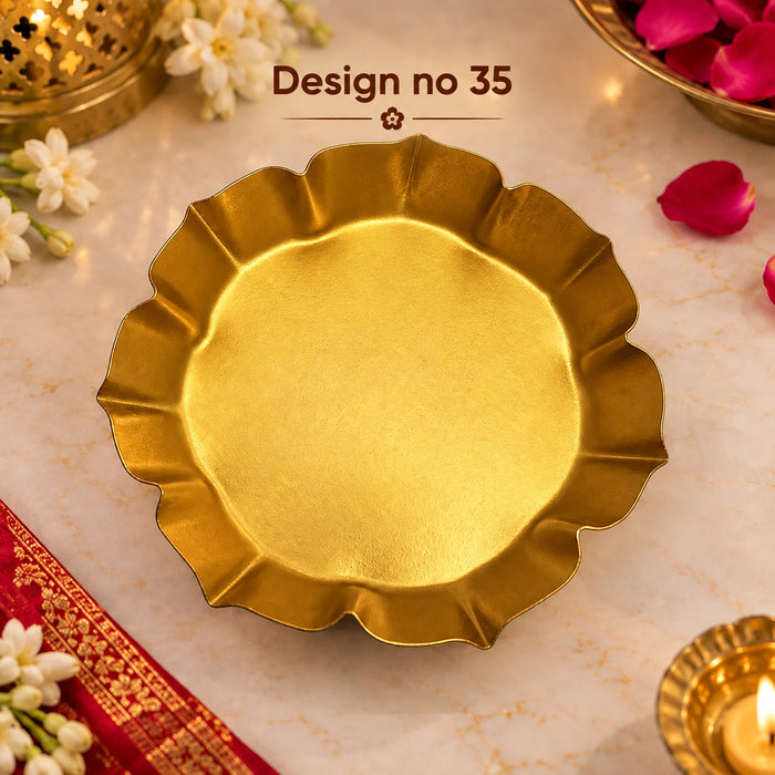 (Design No.35) Golden Scalloped Metal Plate | 4.5 Inch Decorative Tray for Diya, Pooja & Home Décor