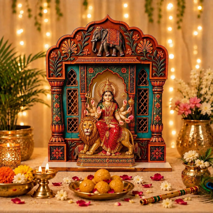 3D Look Foldable Wooden Mandap Backdrop | Peacock & Floral Design | Ganesh Chaturthi, Janmashtami, Durga Pujo, Navratri & Diwali Home Temple Decor