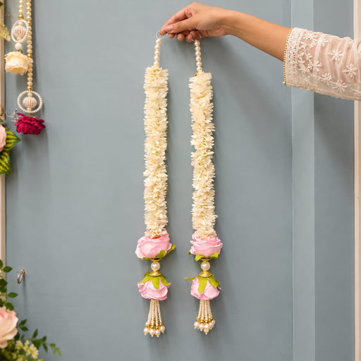 (Design No.4) 1 Pair ( 2 Pcs )Elegant White & Pink Flower Hanging for Home & Festive Decor | 24 Inch Artificial Floral with Pearl Tassels | Door, Wall, Pooja & Wedding Decoration