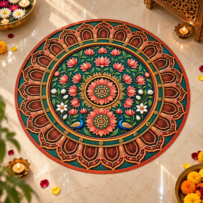 Heritage 3D look Rangoli MDF | Beautiful Lotus & Peacock Design | Reusable Rangoli for Diwali, Home, Festive, Ganpati & Durga Puja Decoration