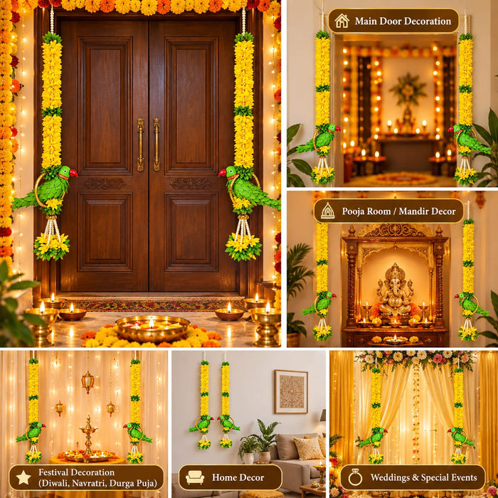 (Design No.2) Premium Parrot Flower Hanging for Home & Festive Decor | Traditional Artificial Marigold Garland with Parrot & Floral Tassel | Toran, Door & Wall Decoration