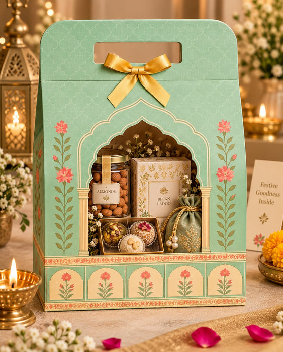 Pastel Green Rajwadi Premium Dry Fruit & Sweets Gift Hamper Box | Royal Festive Hamper Box with Golden Foil Finish