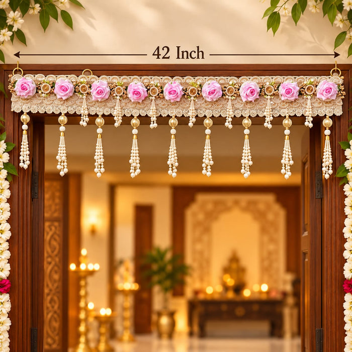 (Design No.4) Premium Floral Designer Door Hanging Toran 4blob:https://web.whatsapp.com/b2c3522e-3691-4d46-b364-694f61fe44412 Inch | Pink Rose & Pearl Embellished Bandhanwar | Elegant Festive Door Decor