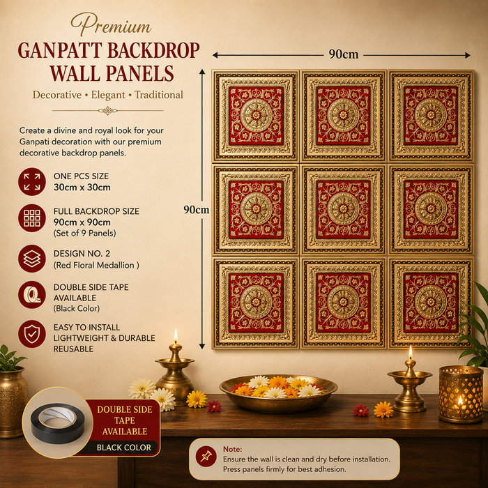 Premium Backdrop Wall Panels (9 pcs set) | 30 × 30 CM Each Panel For Ganpati , Janmashtami , Durga pooja  and Diwali  | 90 × 90 CM DIY Mandap Background | 9 Panels | 3 Designs | Includes Double-Sided Tape