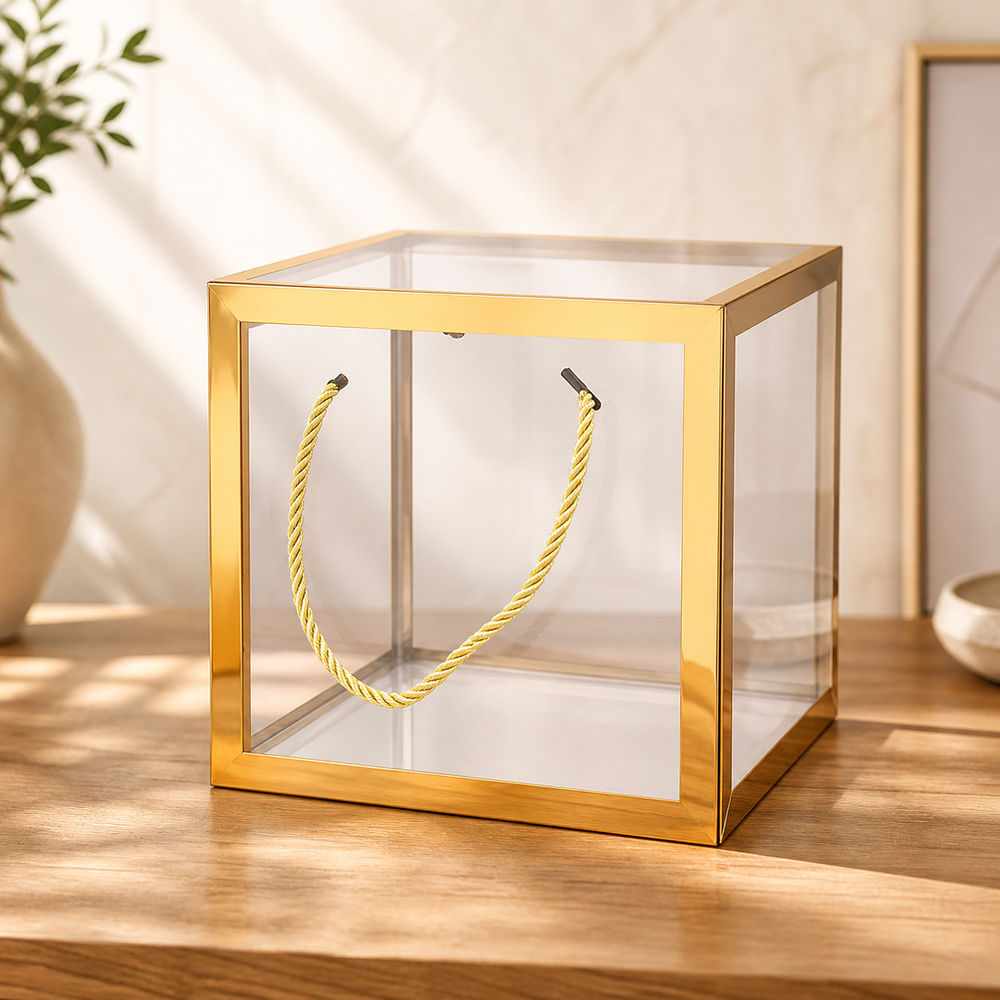 Clear Transparent Gift Box with Frame and Rope Handle for Hampers, Wedding Gifts, Return Gifts, Chocolates, Dry Fruits, Cosmetics, Baby Shower, Festive Gifting & Premium Gift Packaging (21 cm x 21 cm x 21 cm size)