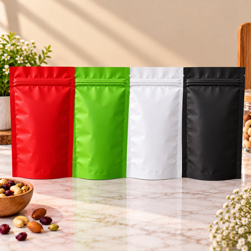 Premium Aluminium Foil Stand-Up Zipper Pouch | 10 × 7 Inch | Multiple Colour Options | Reusable Packaging Bag for Dry Fruits, Snacks & Gifting