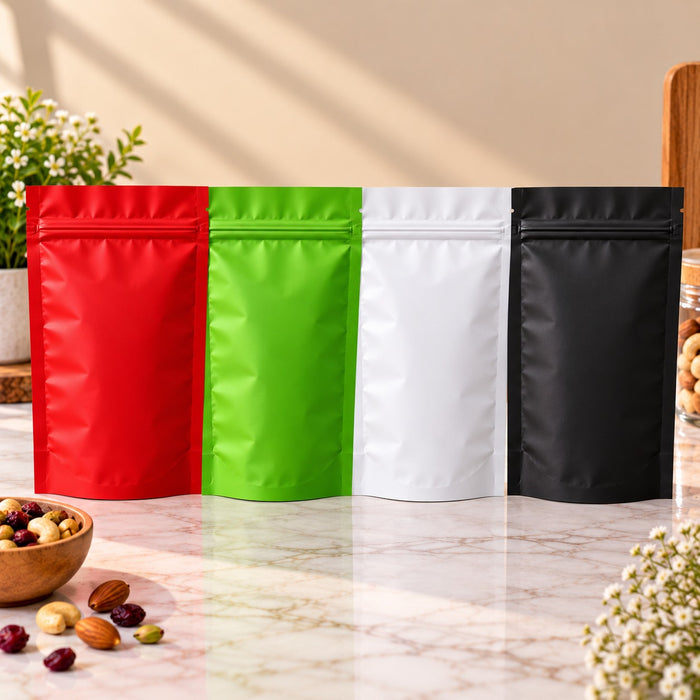 Premium Aluminium Foil Stand-Up Zipper Pouch | 10 × 7 Inch | Multiple Colour Options | Reusable Packaging Bag for Dry Fruits, Snacks & Gifting