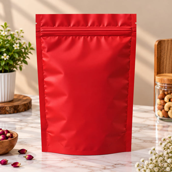 Premium Aluminium Foil Stand-Up Zipper Pouch | 10 × 7 Inch | Multiple Colour Options | Reusable Packaging Bag for Dry Fruits, Snacks & Gifting