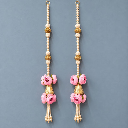 (Design No.3) 1 Pair ( 2 Pcs ) Premium Pearl & Golden Bead Floral Hanging Latkan | Pink Artificial Flower  for Wedding, Pooja, Festive Home Décor & Mandir Decoration