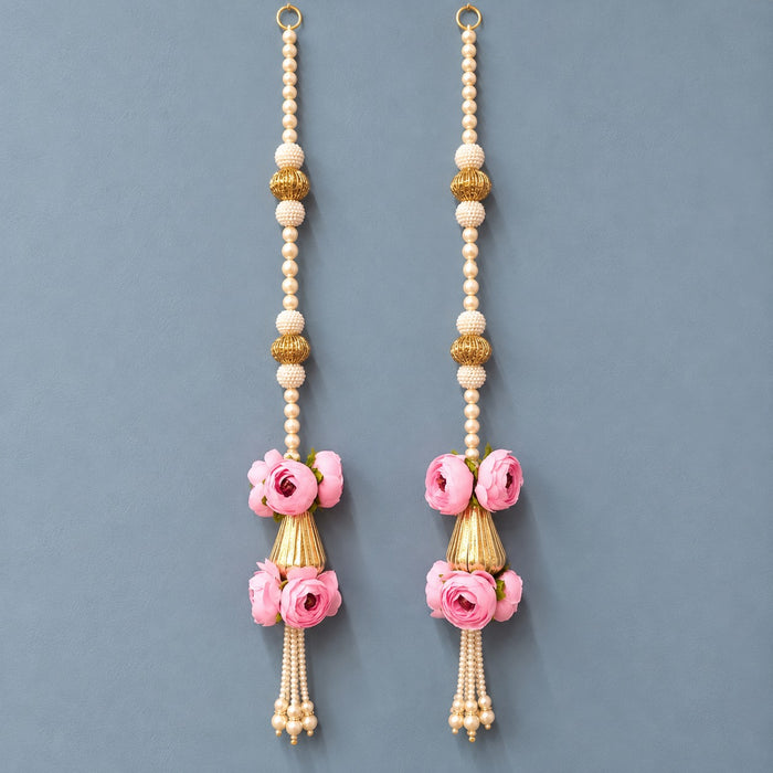 (Design No.3) Premium Pearl & Golden Bead Floral Hanging Latkan | Pink Artificial Flower Toran for Wedding, Pooja, Festive Home Décor & Mandir Decoration