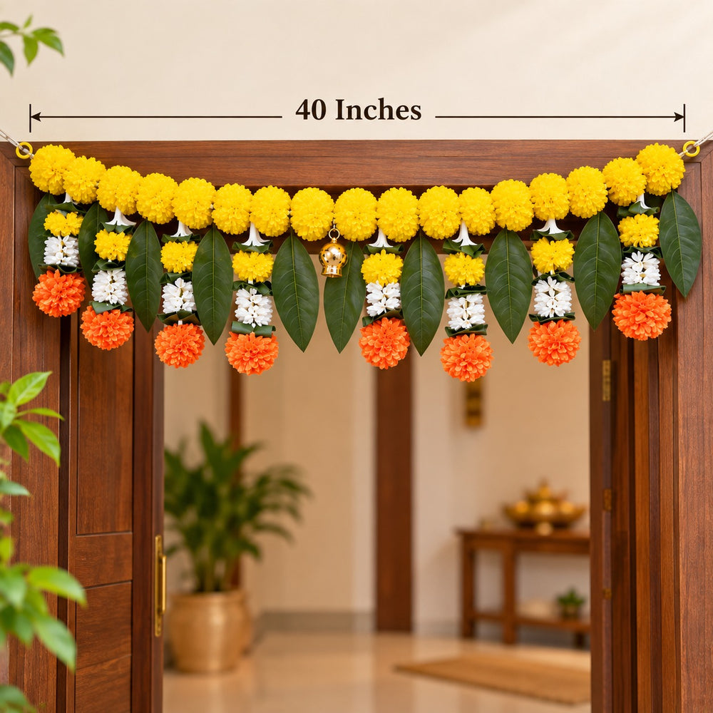 (Design No.12) Premium Artificial Marigold Toran for Door Decoration | 40 Inches Floral Bandhanwar with Green Leaves & Hanging Flowers | Diwali & Festive Home Decor