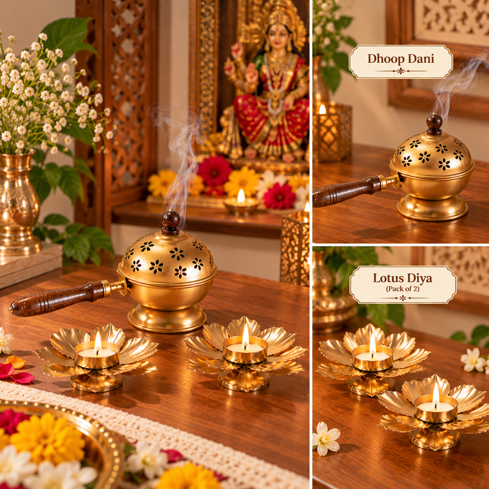 Combo Set of Dhoop Dani with Metal Lotus | Pooja, Home Purifying, Loban & Incense Burner, Diwali Décor