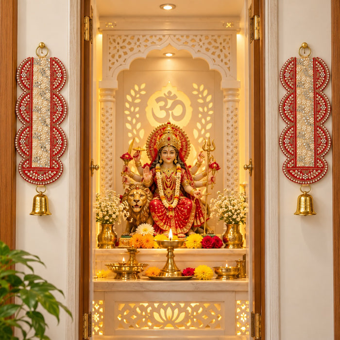 Traditional Embellished Door Hanging with Bell (2pcs) | Red & Golden Decorative| 16 × 5.5 Inch Wall Hanging