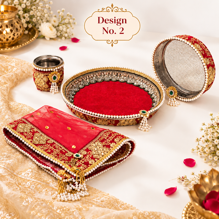 Premium Karwa Chauth Pooja Thali Set | Traditional Red & Gold Decorative Thali | Festive Pooja & Vrat Accessories