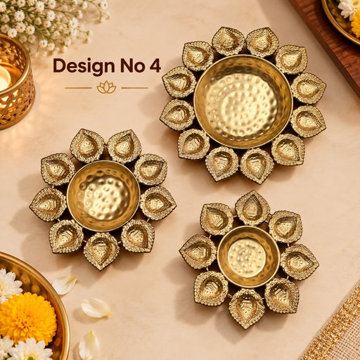 (Design No.4) 1 Set (3 Pcs)  Decorative Round Gold Polish Urli Bowl Tealight Candle Holder Stand,Candle Holder for Home Decor,Mandir Decor,Diwali Decor, Floating Flowers,Candles Diya holder, Office,Table Decor, Entrance Decoration Item(Golden)