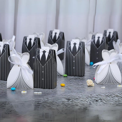 Bride and Groom style shaped candy Folding Storage Box for Return Gift , Birthday, Valentine's Day - Cardboard Boxes with Ribbon, Perfect for Packing Chocolate, Dry Fruits, and Invitations (Black & White)