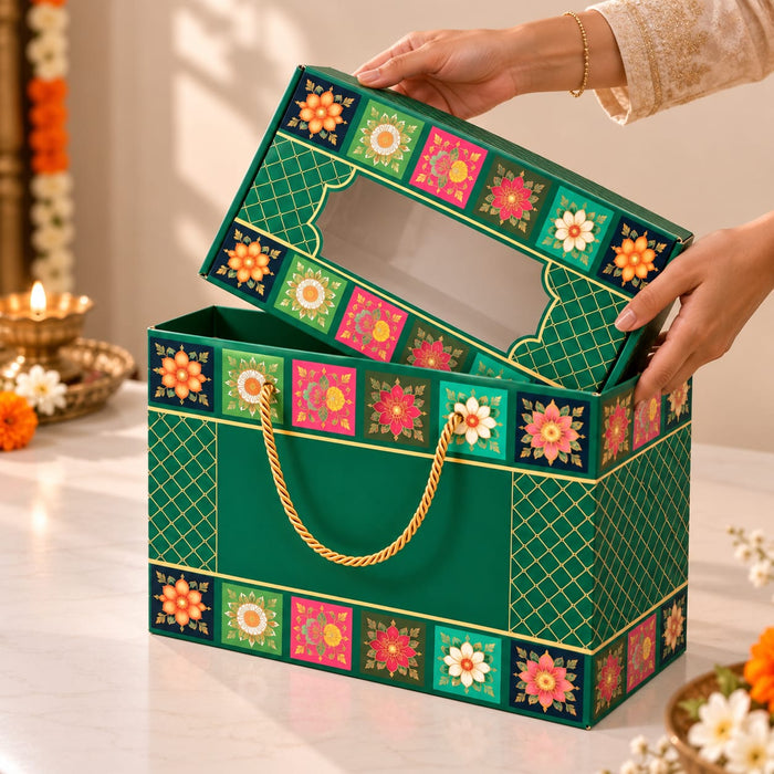 Premium Green Floral Printed Gift Hamper Box with Transparent Window | 11 × 8 × 3 Inch | Elegant Gift Packaging Box