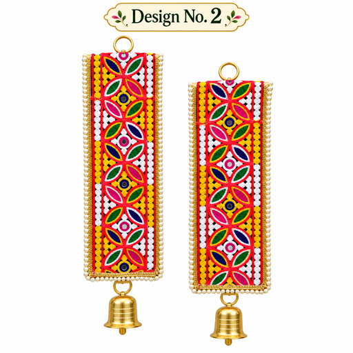 Traditional Embellished Door Hanging with Bell (2pcs) | Red & Golden Decorative| 16 × 5.5 Inch Wall Hanging