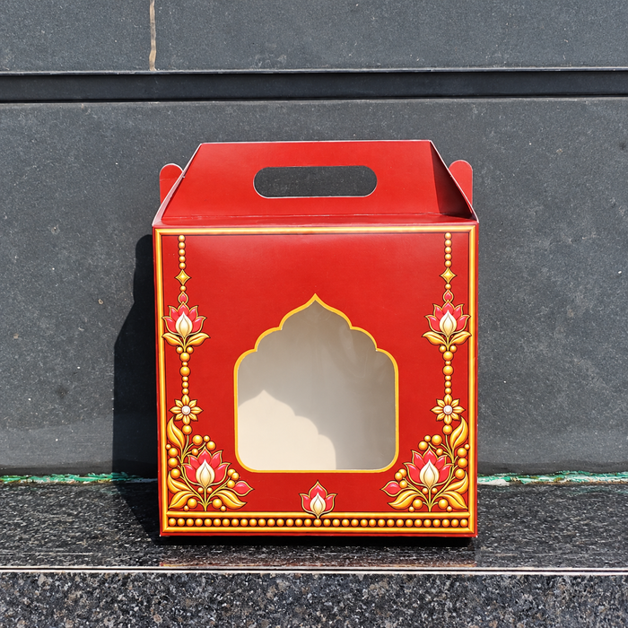 Big size Premium Red Gift Hamper Box with Window & Handle | 10×10×4 Inch Decorative Gift Packaging Box | Diwali, Wedding & Festive Gifting