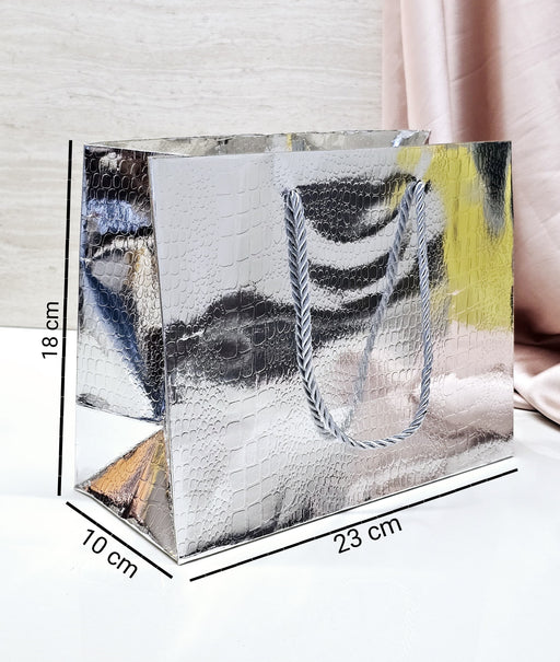 Small Size Shiny Paper Bag Gift Bags with Handle Gift Paper bag, gift For Gifting, marriage, Return Gifts, Birthday, Wedding, Party, Season's Greetings (Small, Silver)