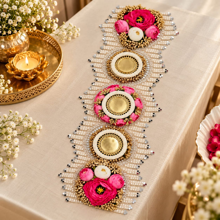 1 Pcs Premium Toran Table Decor Mat | Pearl & Floral Embellished Table Runner | 30×16 Inch Traditional Festive Pooja & Home Décor Mat
