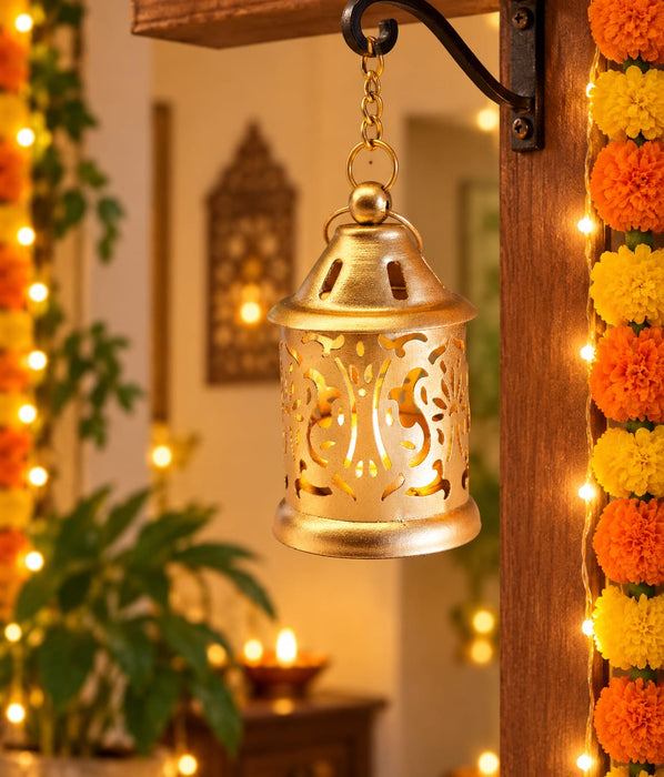 Gold Polish Decorative Hanging Lantern Shape Candle Holder for Home Decor,Mandir Decor,Candles Diya holder, Office,Table Decor, Entrance Decoration Item(Golden)