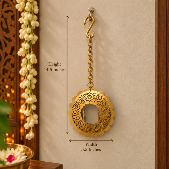 (Design No.32) Golden Metal Hanging Diya Holder | Decorative Wall Hanging Diya Stand | Height 14.5 Inch | Width 5.5 Inch | Festive Home Decor
