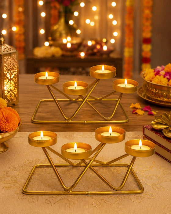2 pcs Premium Golden Metal Diya Stand for Home Décor | Elegant 5-Cup Tea Light Candle Holder | Decorative Centerpiece for Diwali, Pooja & Festive Décor |