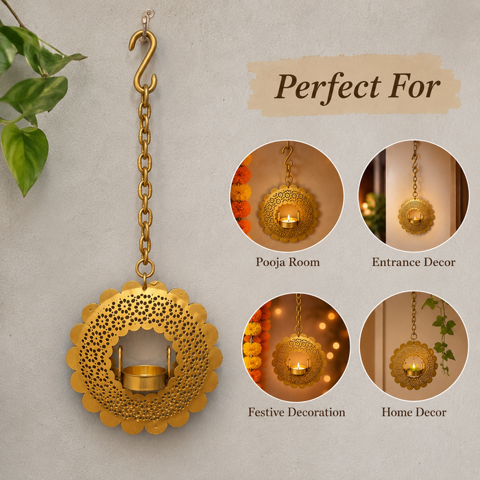 (Design No.32) Golden Metal Hanging Diya Holder | Decorative Wall Hanging Diya Stand | Height 14.5 Inch | Width 5.5 Inch | Festive Home Decor