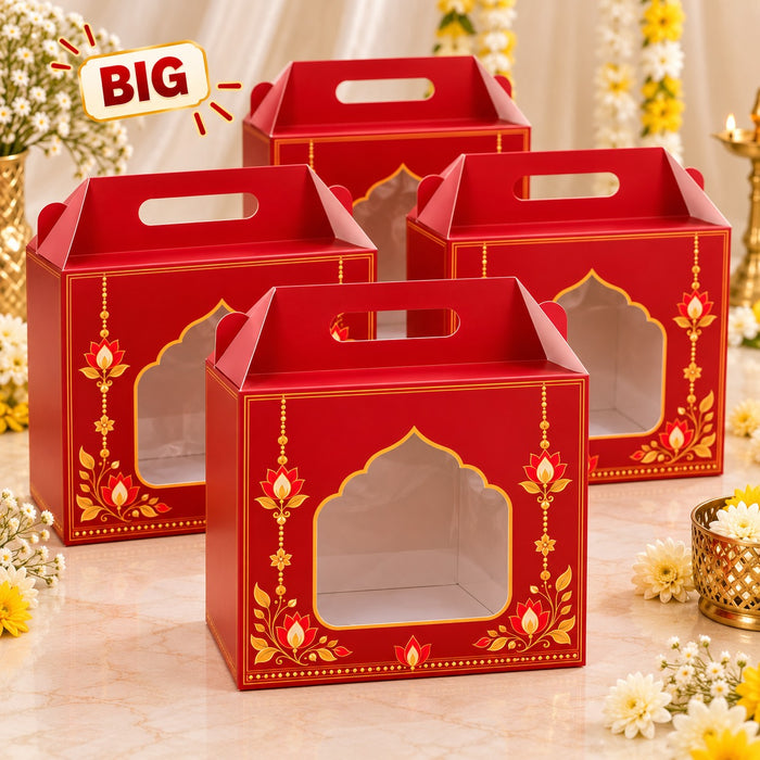 Big size Premium Red Gift Hamper Box with Window & Handle | 10×10×4 Inch Decorative Gift Packaging Box | Diwali, Wedding & Festive Gifting