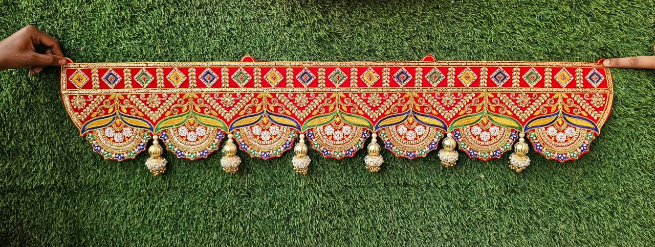 (Design No.9) Premium Embroidered Traditional Toran with Golden Latkan | 38 Inch Red Door Hanging | Festive Home Décor