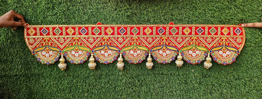 (Design No.9) 1 pcs  Premium Embroidered Traditional Toran with Golden Latkan | 38 Inch Red Door Hanging | Festive Home Décor
