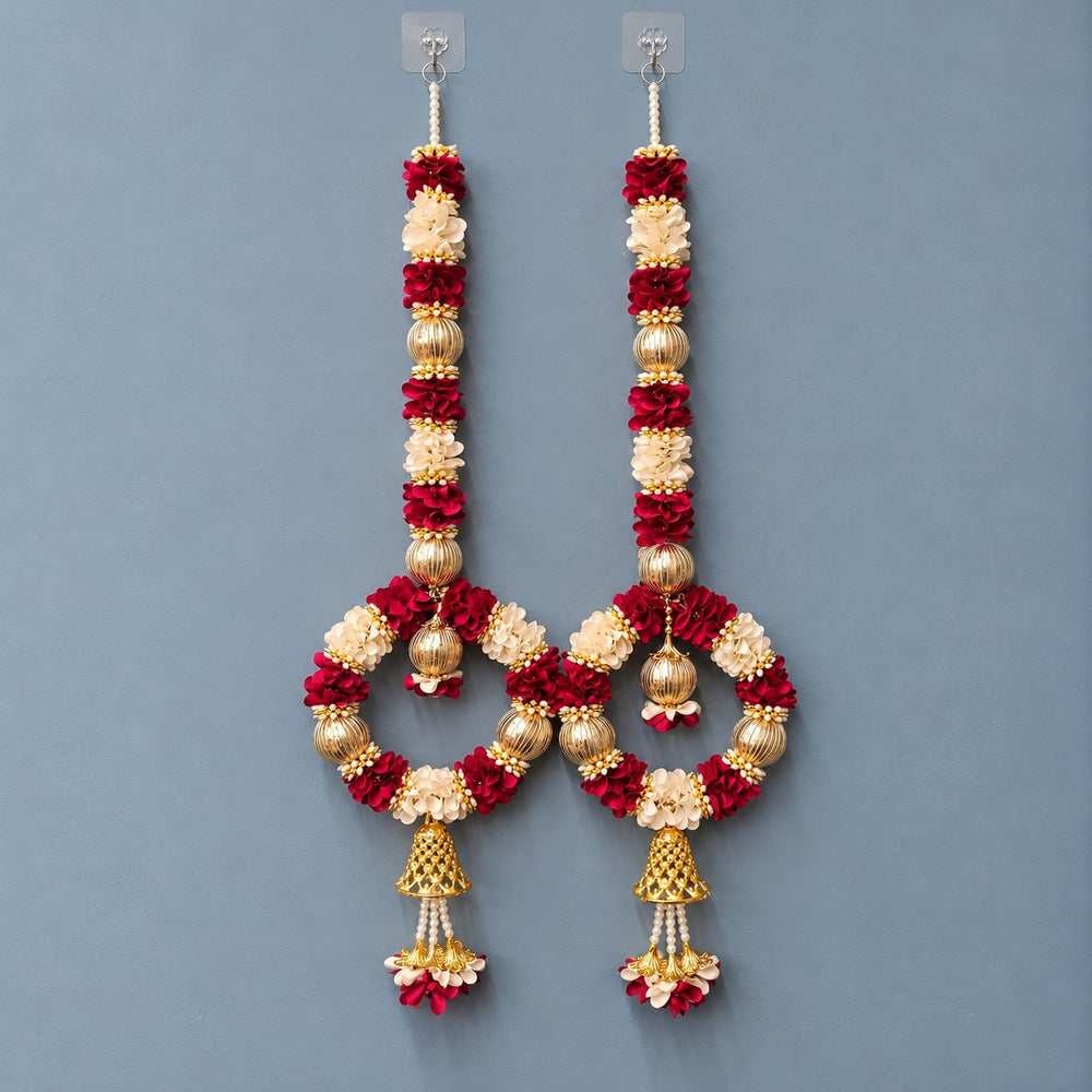 (Design No.6) Royal Maroon & White Flower Hanging for Home & Festive Decor | 29 Inch Artificial Floral Hanging with Golden Beads, Bells & Pearl Tassels | Door, Wall & Pooja Decoration