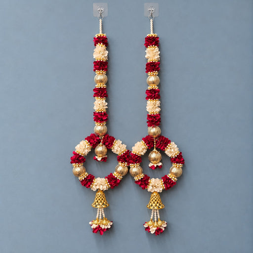 (Design No.6) (1 Pair) (2 Pcs ) Royal Maroon & White Flower Hanging for Home & Festive Decor | 29 Inch Artificial Floral Hanging with Golden Beads, Bells & Pearl Tassels | Door, Wall & Pooja Decoration