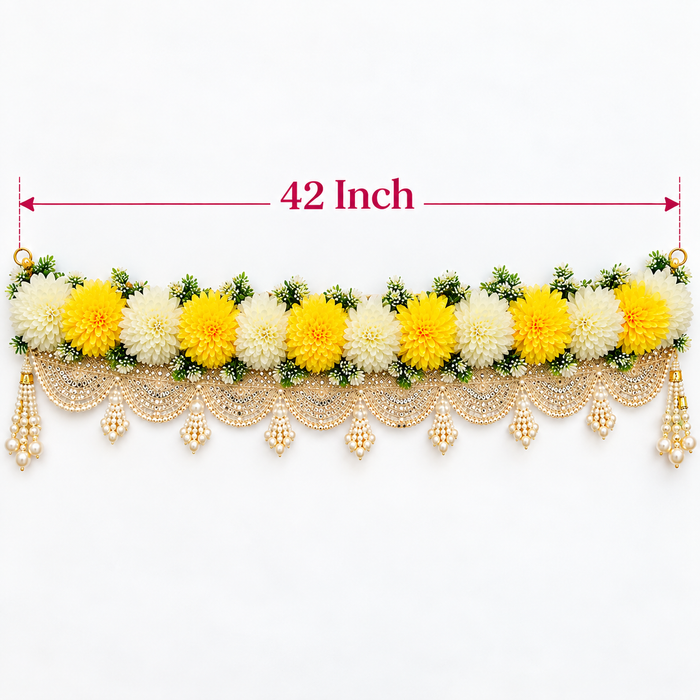 (Design No.18) Yellow & Off-White Floral Toran | Elegant Pearl & Golden Lace Door Hanging Decoration | Festive, Wedding & Pooja Décor