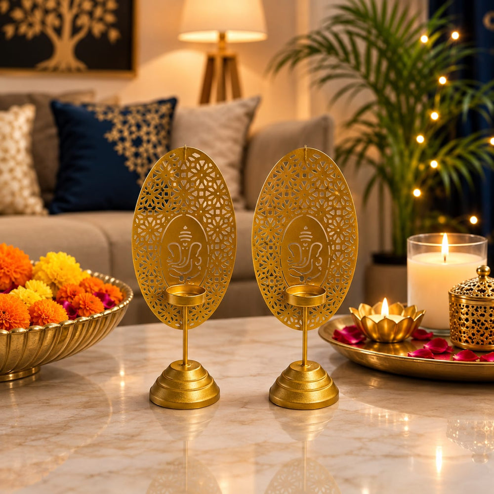2 pcs ganpati Metal Diya | Gold Finish Ganesh Diya Stand for Pooja, Home Décor & Festive Decoration | 9.5 Inch