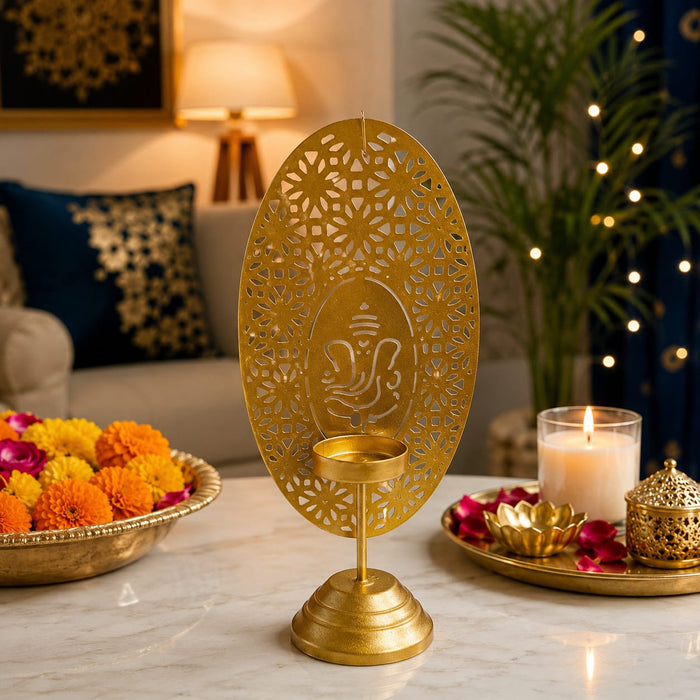 2 pcs ganpati Metal Diya | Gold Finish Ganesh Diya Stand for Pooja, Home Décor & Festive Decoration | 9.5 Inch