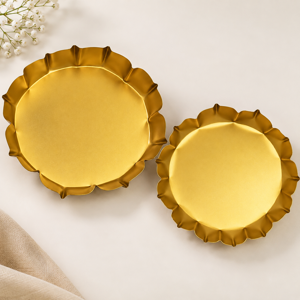 🌸 Premium Golden Metal Decorative Plate | Lotus Edge Pooja Thali & Diya Base | 4 Inch & 3.5 Inch ✨