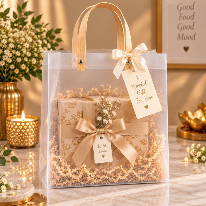Transparent  Gift Bag with Handle | Premium Plastic Hamper Bag for Gifting, Return Gifts & Packaging | 10.5×8×4.5 Inch