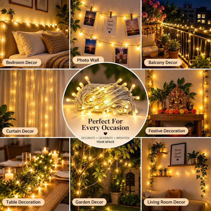 (DESIGN NO.1) LED String Lights for Home & Festival Decoration | Warm White Fairy Lights for Ganpati Mandap, Diwali, Balcony & Wedding Decor