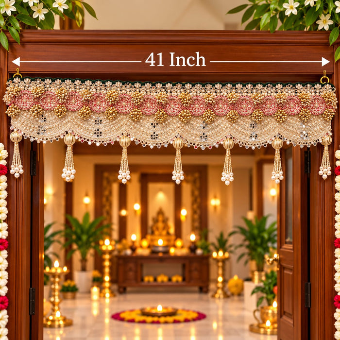 (Design No.6) Premium Designer Door Hanging Toran 41 Inch | Pearl & Zari Embellished Bandhanwar | Red, Gold & White Festive Door Decor