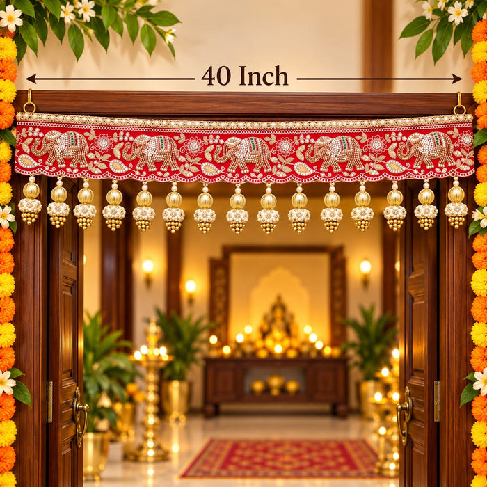 (Design No.5) Premium Designer Door Hanging Toran 40 Inch | Red Elephant Embroidered Bandhanwar with Pearl Tassels | Festive Door Decor