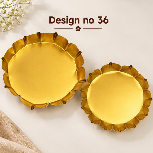(Design No.36)  Premium Golden Metal Decorative Plate | Lotus Edge Pooja Thali & Diya Base | 7 Inch & 5.5 Inch ✨