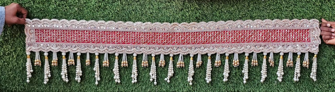 (Design No.1) Premium Designer Door Hanging Toran | Pearl & Stone Embellished Decorative Bandhanwar | Red & Gold Festive Door Decor