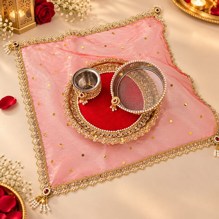 Premium Karwa Chauth Pooja Thali Set | Traditional Red & Gold Decorative Thali | Festive Pooja & Vrat Accessories