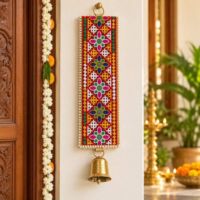 (Design No.2)( 2 pcs )Traditional Embellished Door Hanging with Bell | Red & Golden Decorative| 16 × 5.5 Inch Wall Hanging