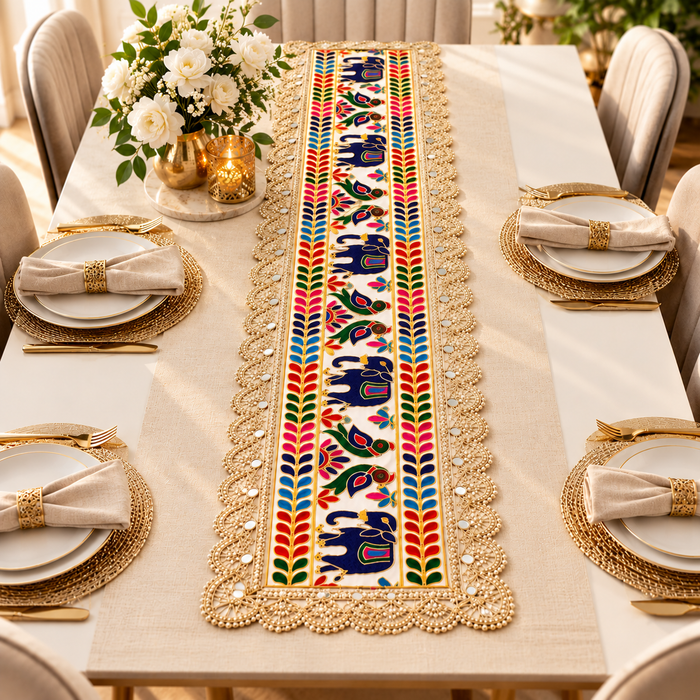 1 Pcs Traditional Indian Table Runner with Decorative Border | Ethnic & Festive Table Decor