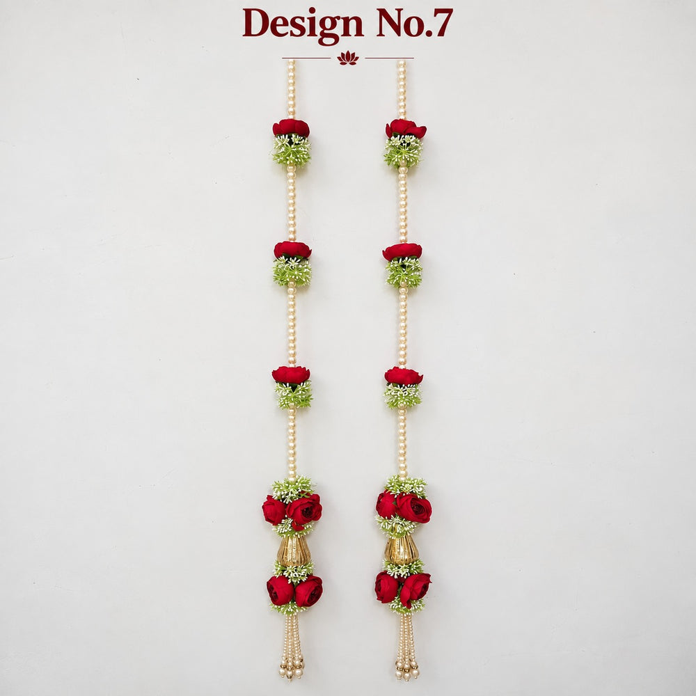 (Design No.7) Elegant Red Rose & Pearl Hanging for Home & Festive Decor | 34 Inch Artificial Floral Hanging with Golden Vase Detailing & Pearl Tassels | Door, Wall, Pooja & Wedding Decoration