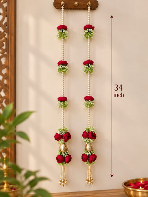 (Design No.7) Elegant Red Rose & Pearl Hanging for Home & Festive Decor | 34 Inch Artificial Floral Hanging with Golden Vase Detailing & Pearl Tassels | Door, Wall, Pooja & Wedding Decoration