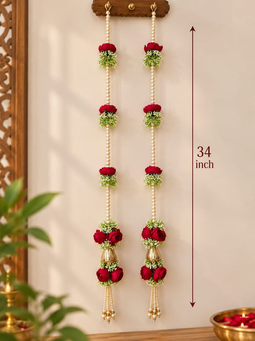 (Design No.7) Elegant Red Rose & Pearl Hanging for Home & Festive Decor | 34 Inch Artificial Floral Hanging with Golden Vase Detailing & Pearl Tassels | Door, Wall, Pooja & Wedding Decoration